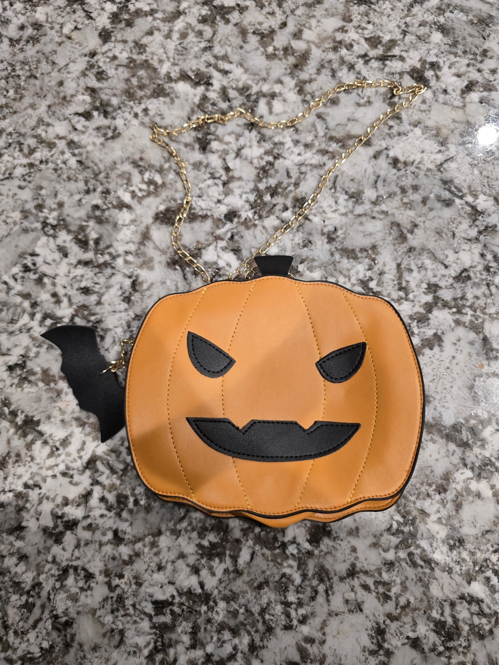 Orange Pumpkin Crossbody Purse with Bat Accent